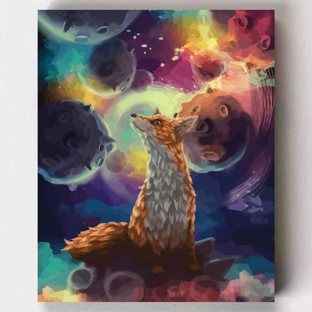 DIY Malen nach Zahlen – Verträumter Fuchs zwischen Planeten im bunten Weltall auf Leinwand malen – kreative Auszeit & Fantasie pur – Artyroom.shop