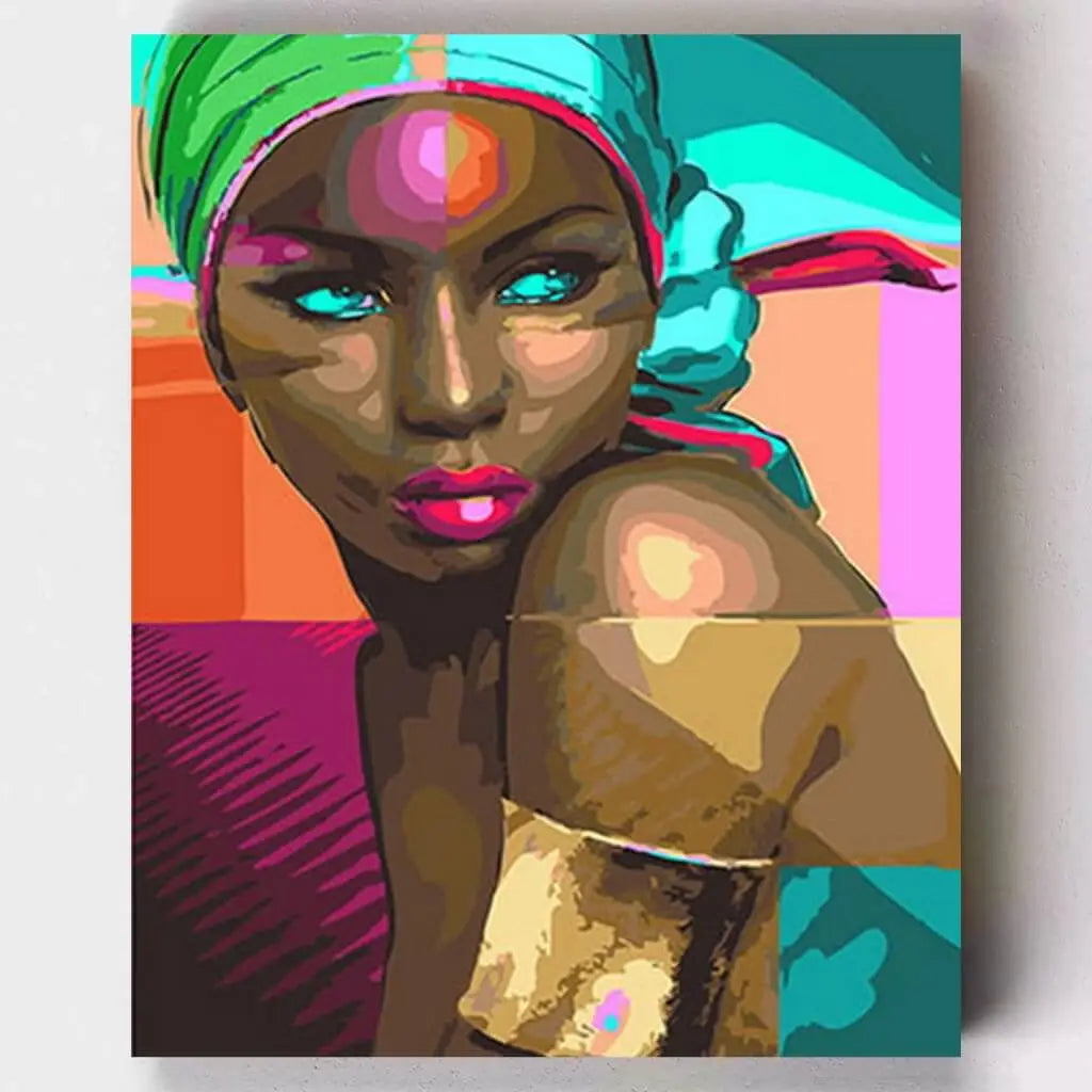 IY Malen nach Zahlen – Ausdrucksstarkes Porträt einer afrikanischen Lady im Pop-Art Stil auf Leinwand malen – ein farbenfrohes Statement für kreative Achtsamkeit – nur bei Artyroom.shop