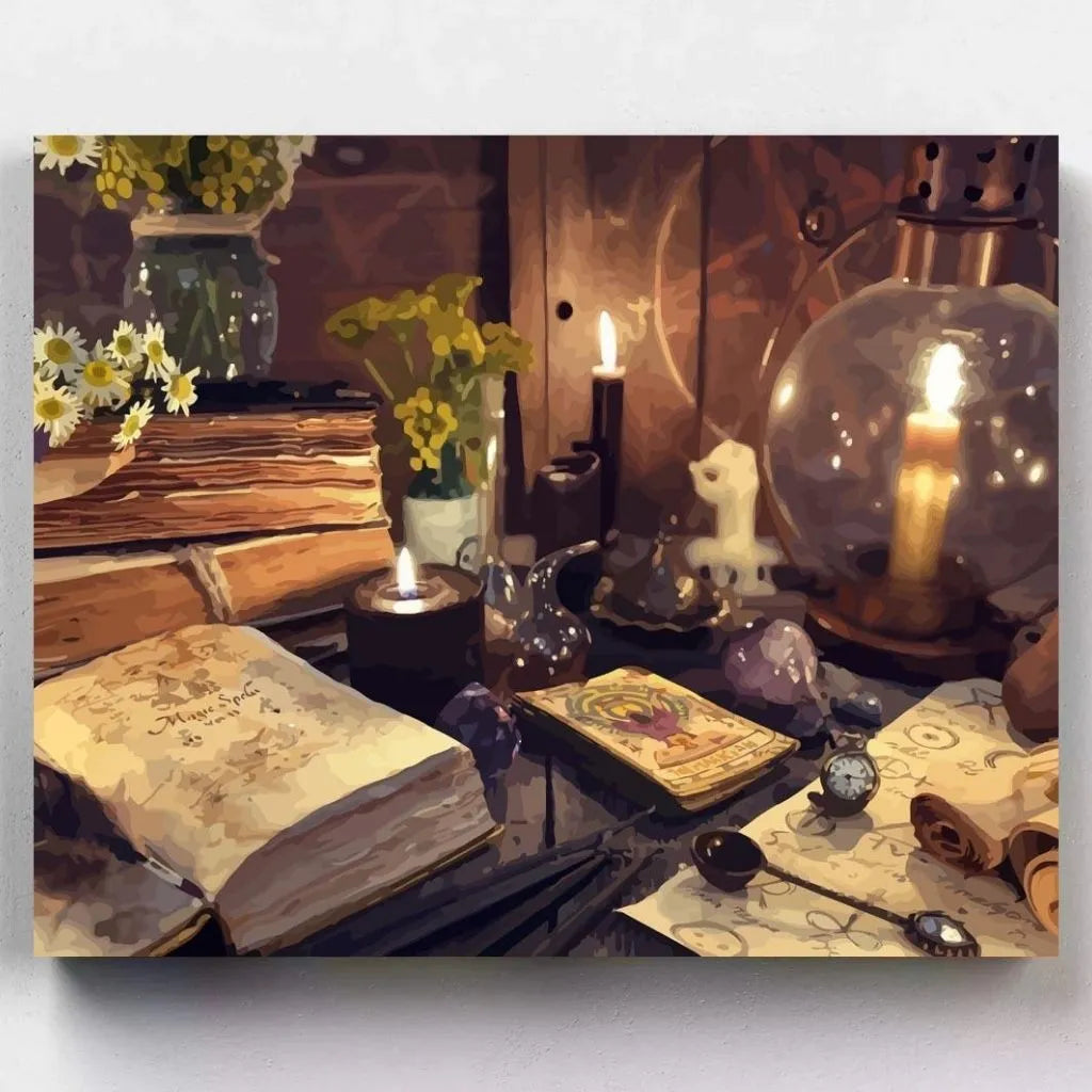 DIY Malen nach Zahlen – Magisches Zauberbuch mit Kerzen & Kristallen auf Leinwand malen – für Fantasie, Achtsamkeit & kreative Entspannung – Artyroom.shop