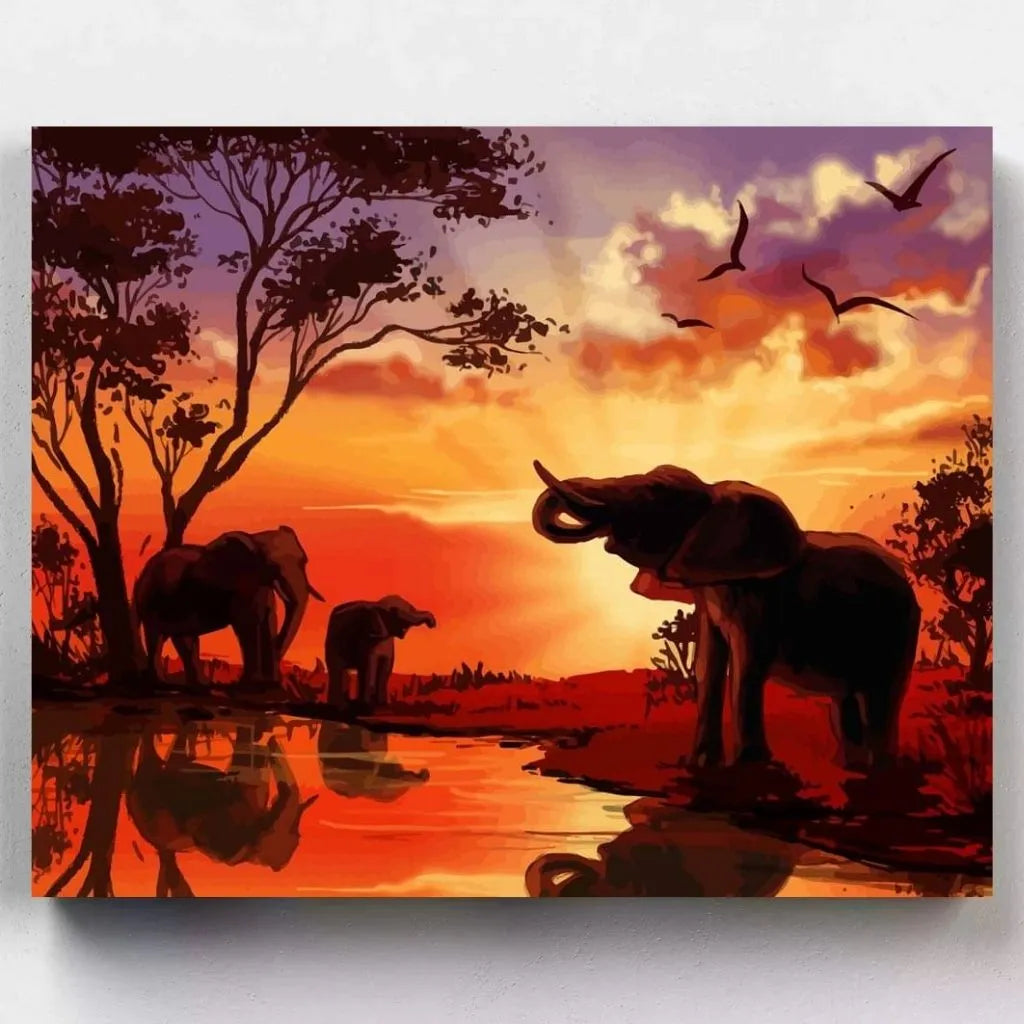DIY Malen nach Zahlen – Elefantenfamilie im Sonnenuntergang am Wasserloch auf Leinwand malen – afrikanische Natur & kreative Achtsamkeit – Artyroom.shop