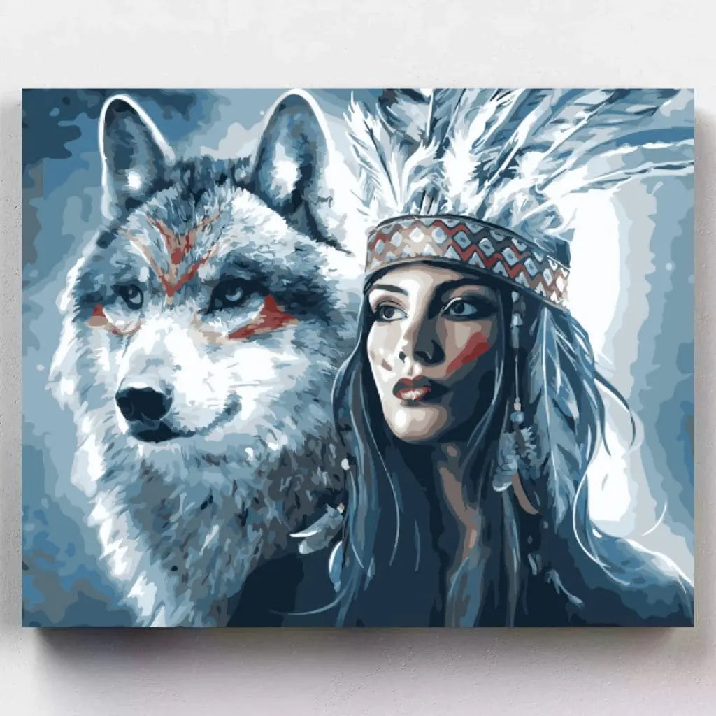 DIY Malen nach Zahlen – Kriegerin & Wolf in mystischer Verbundenheit auf Leinwand malen – für kraftvolle Achtsamkeit & Naturverbundene – Artyroom.shop