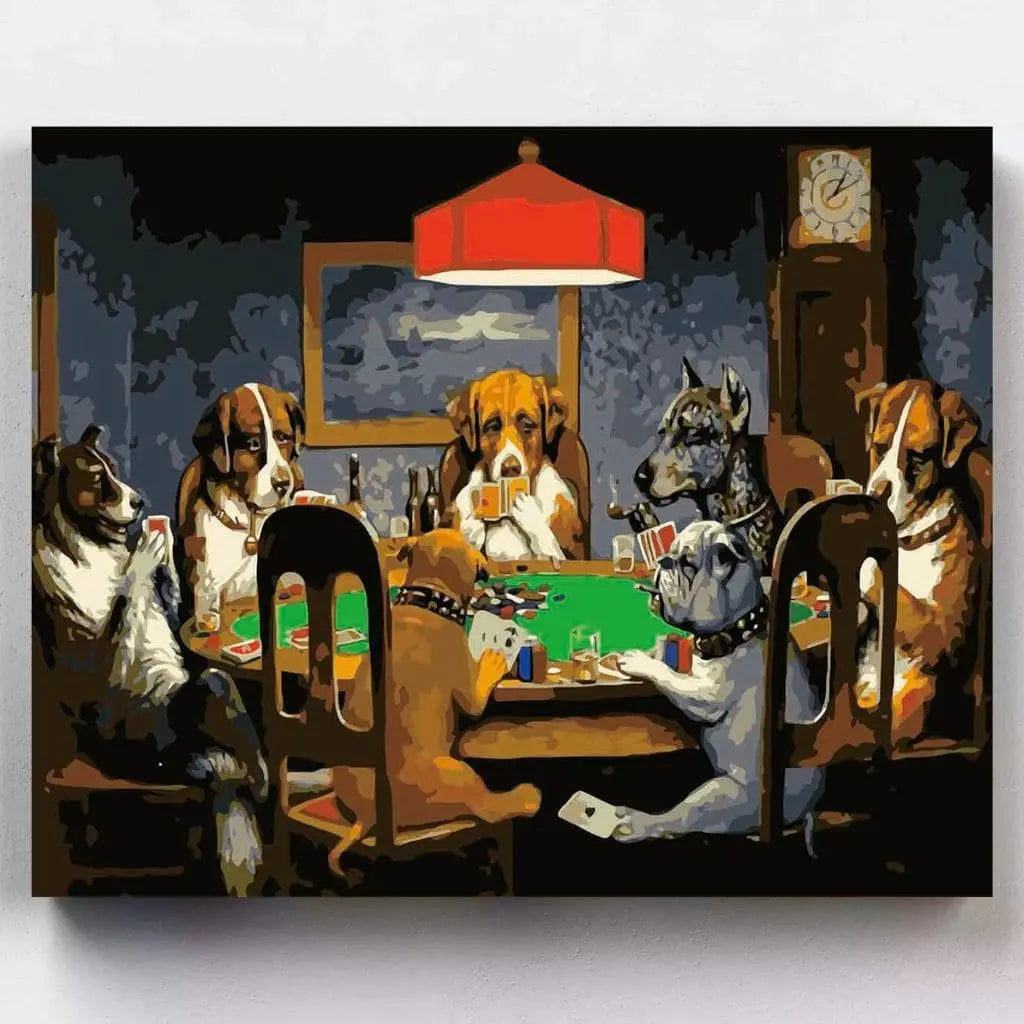 Malen nach Zahlen – Witzige Pokerszene mit Hunden am Spieltisch auf Leinwand malen – Humor & Retro-Flair für dein Zuhause – von C. M. Coolidge – Artyroom.shop