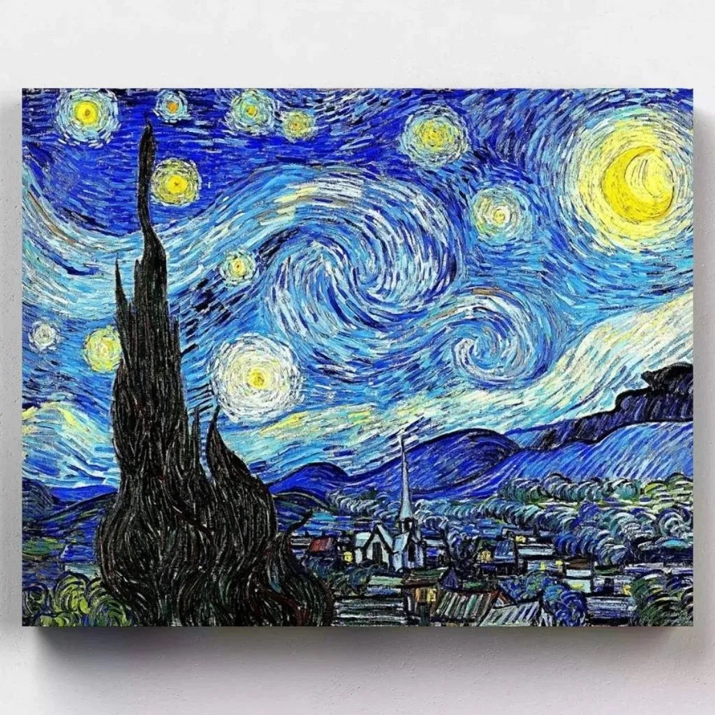 DIY Malen nach Zahlen – Van Goghs Sternennacht mit leuchtendem Himmel & Dorfszene auf Leinwand malen – für Kunstliebhaber & kreative Entspannung – nur bei Artyroom.shop