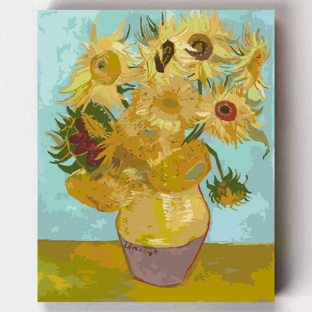 DIY Malen nach Zahlen – Zwölf Sonnenblumen in Vase von Vincent van Gogh auf Leinwand malen – für Achtsamkeit & Kunstgenuss – Artyroom.shop