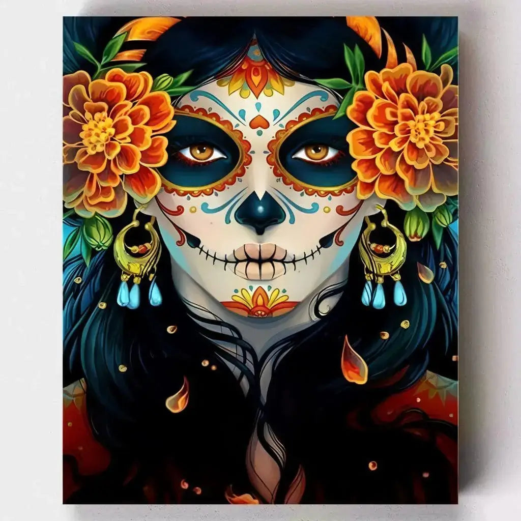 DIY Malen nach Zahlen – Faszinierendes Calavera Mädchen mit Blumen im Haar auf Leinwand malen – mexikanische Tradition trifft moderne Kunst – exklusiv bei Artyroom.shop