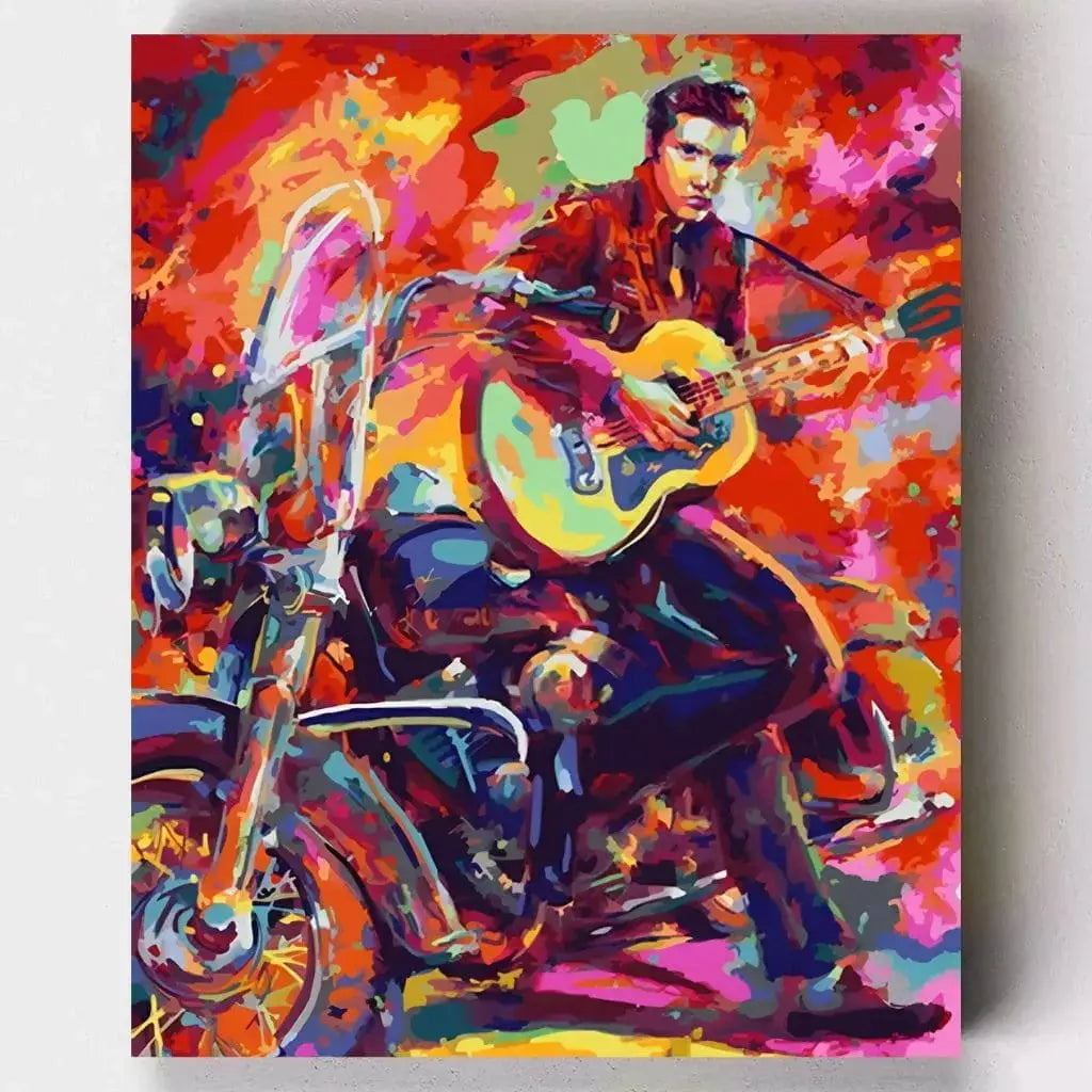 DIY Malen nach Zahlen – Elvis Presley auf Motorrad im Pop-Art-Stil auf Leinwand malen – kreative Nostalgie für Musikfans – nur bei Artyroom.shop