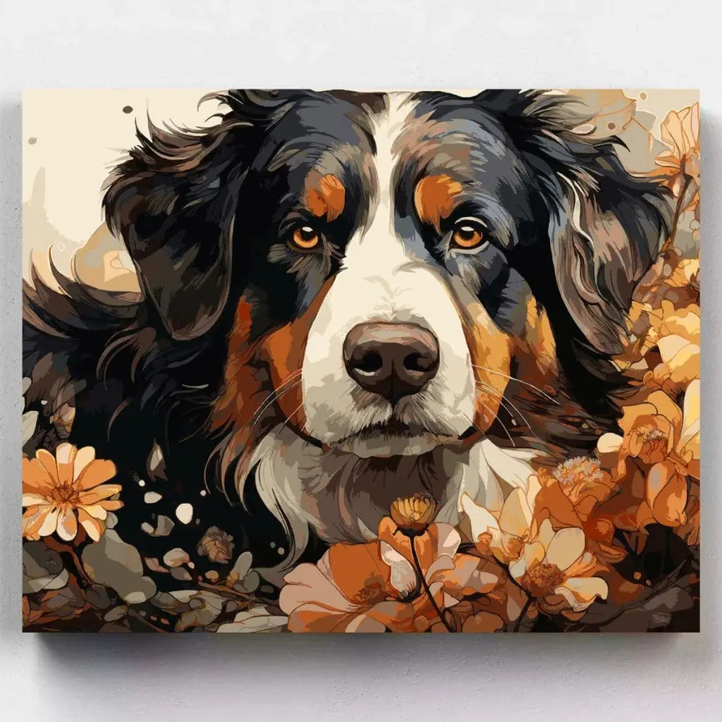 DIY Malen nach Zahlen – Berner Sennenhund zwischen leuchtenden Blüten – im Blumenfeld – Artyroom.shop