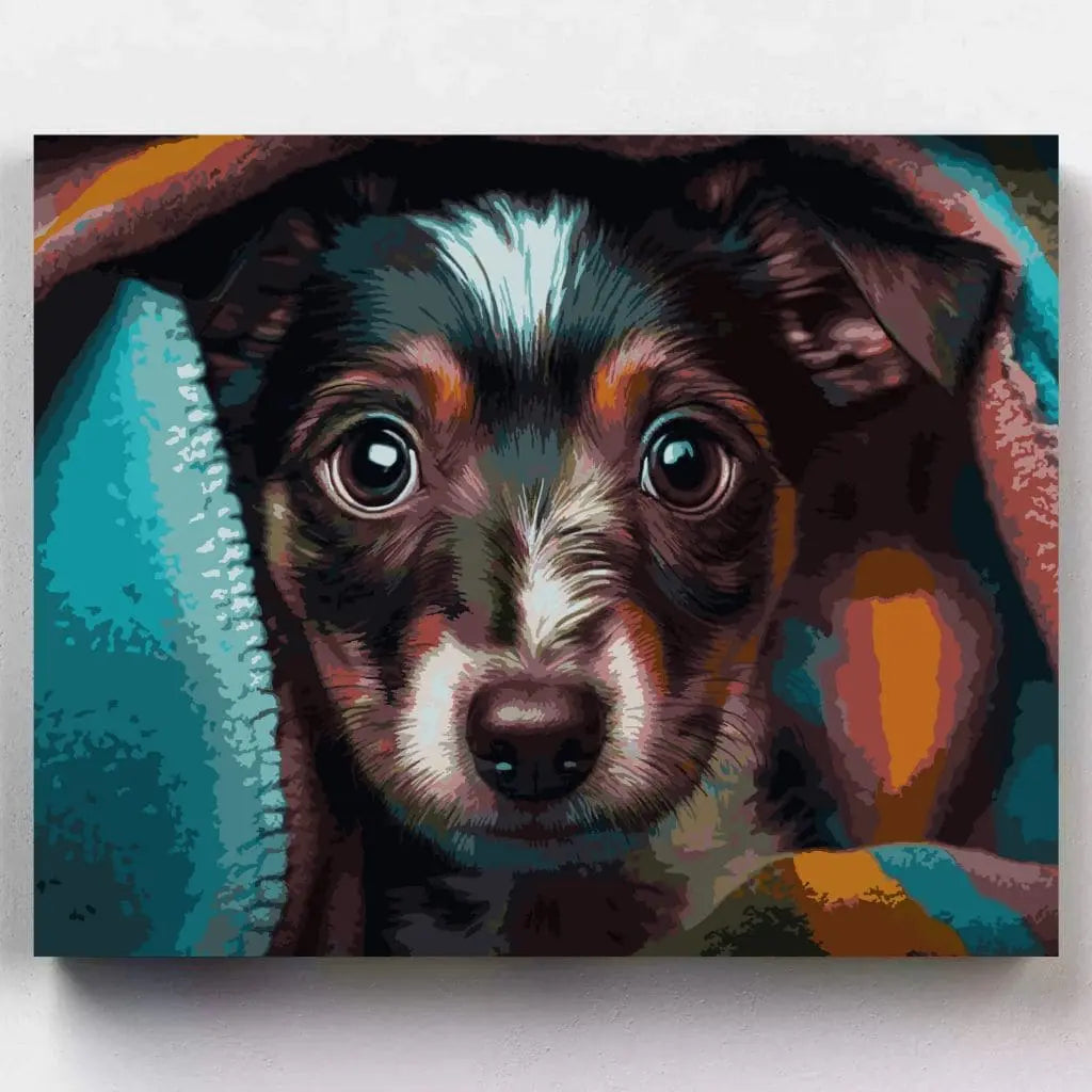 DIY Malen nach Zahlen – Niedlicher Welpe unter kuscheliger Decke – Artyroom.shop