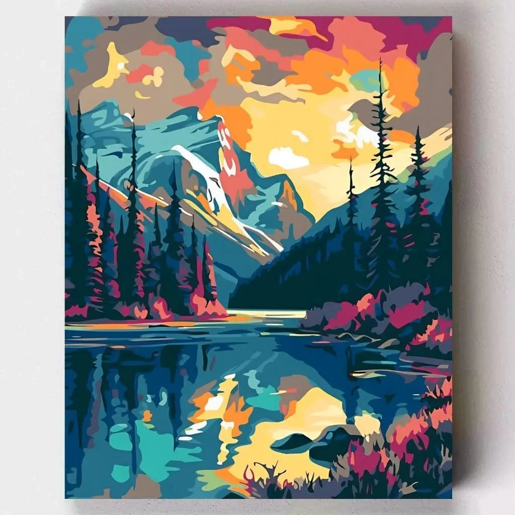 DIY Malen nach Zahlen – Farbenprächtige Berglandschaft bei Sonnenuntergang mit Spiegelung im See auf Leinwand malen – für Naturfreunde & kreative Entspannung – nur bei Artyroom.shop