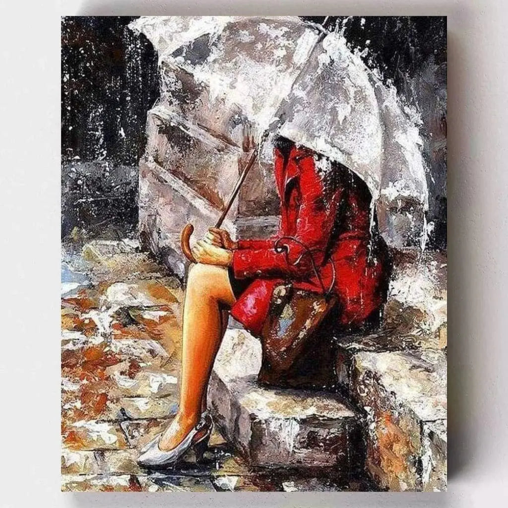 DIY Malen nach Zahlen – Frau mit rotem Mantel allein im Regen auf Leinwand malen – emotionale Szene voller Tiefe und Stille – exklusiv bei Artyroom.shop