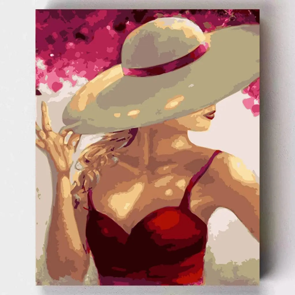 DIY Malen nach Zahlen – Stilvolle Frau in rotem Kleid mit Hut auf Leinwand malen – Ausdrucksstark & modern – exklusiv bei Artyroom.shop