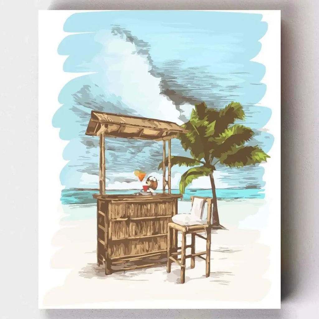 DIY Malen nach Zahlen – Tropische Bambusbar mit Palmen am Strand auf Leinwand malen – Urlaubsfeeling pur – nur bei Artyroom.shop