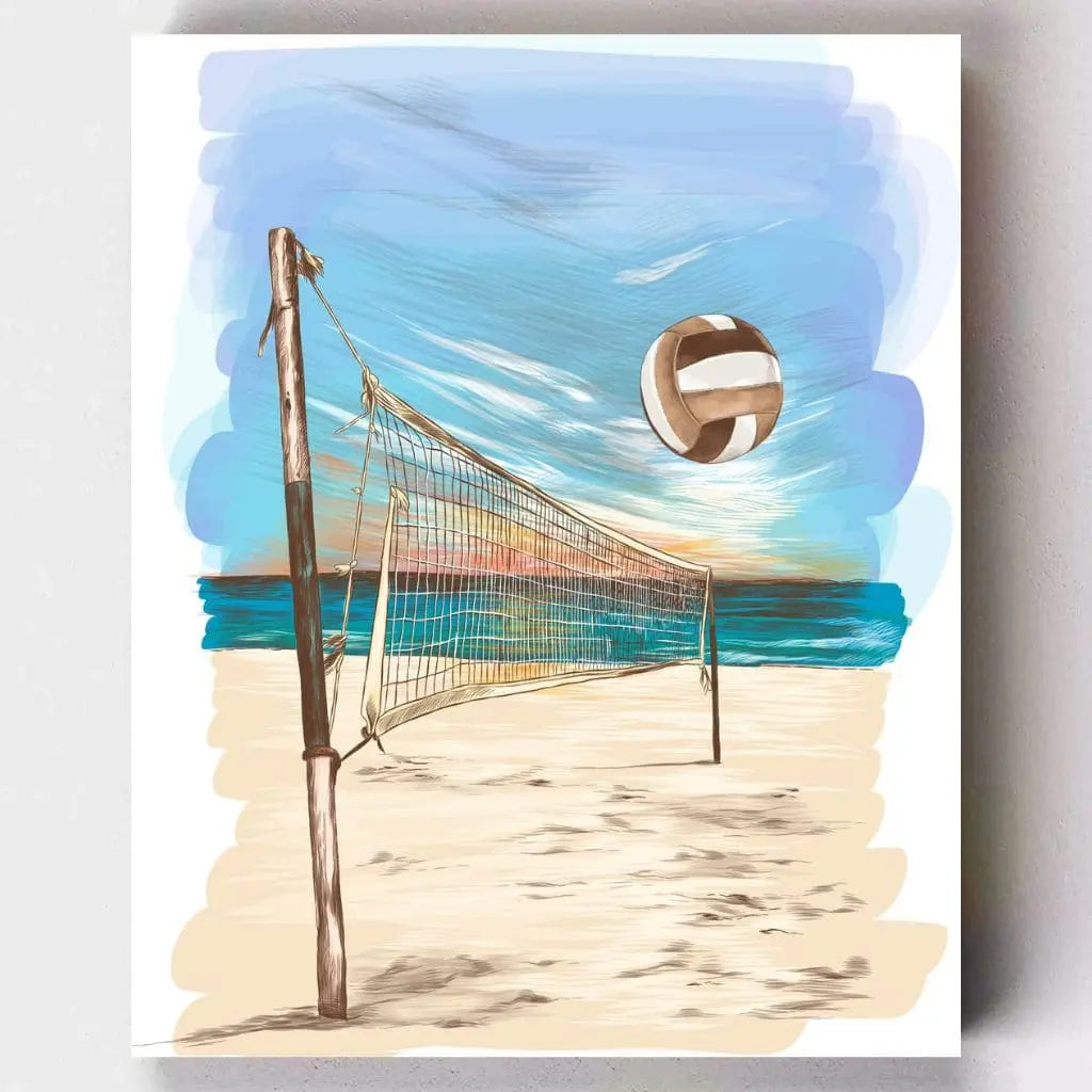 DIY Malen nach Zahlen – Beach Volleyball Illustration mit sommerlichem Flair auf Leinwand malen – kreative Entspannung & Achtsamkeit – nur bei Artyroom.shop