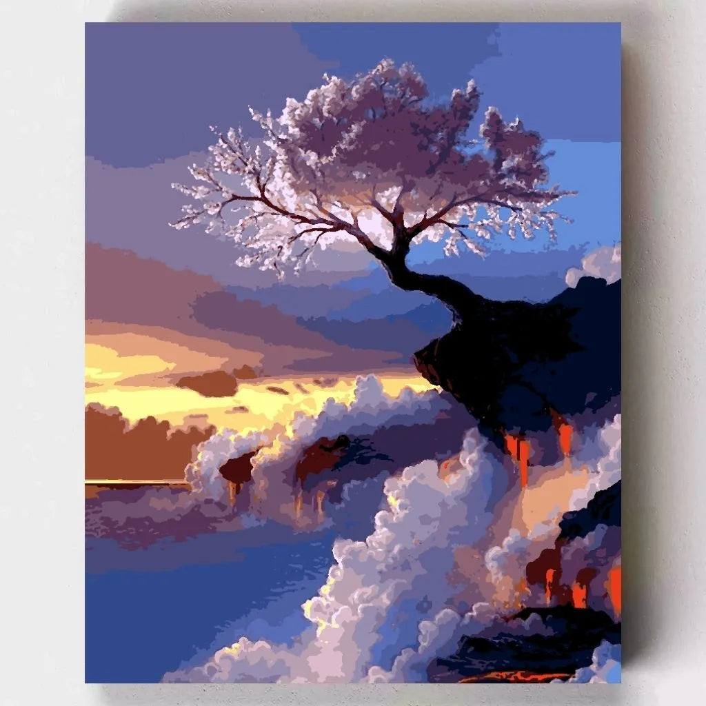 DIY Malen nach Zahlen – Kirschblütenbaum auf Vulkan bei Sonnenuntergang auf Leinwand malen – kraftvolles Naturmotiv voller Harmonie – exklusiv bei Artyroom.shop