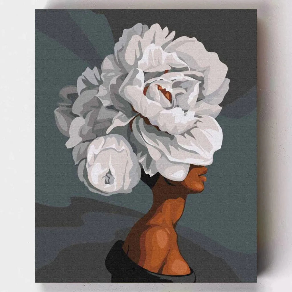 DIY Malen nach Zahlen – Frau mit weißer Rosenkrone als modernes Kunstwerk auf Leinwand malen – stilvoll & achtsam – exklusiv bei Artyroom.shop