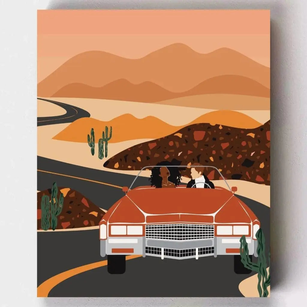 DIY Malen nach Zahlen – Paar auf Route 65 im Retro-Cabrio durch Wüstenlandschaft malen – Roadtrip-Feeling & Entspannung – Illustration –exklusiv bei Artyroom.shop