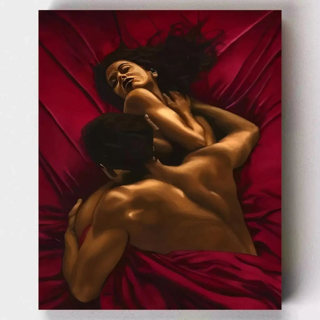 DIY Malen nach Zahlen – Sinnliches Paar in inniger Umarmung auf rotem Satin auf Leinwand malen – Leidenschaft & Emotion erleben – nur bei Artyroom.shop