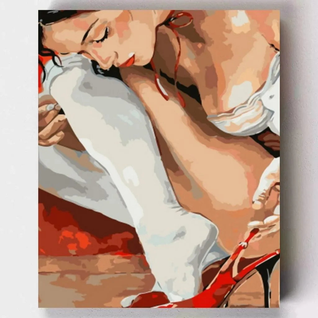 DIY Malen nach Zahlen – Sinnliches Mädchen mit rotem Schuh auf Leinwand malen – künstlerisches Motiv mit Ausdruck & Emotion – Artyroom.shop