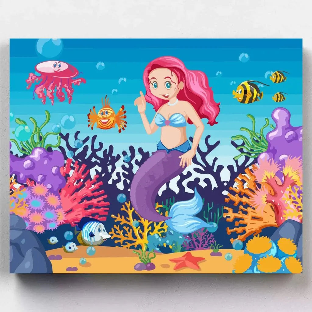 DIY Malen nach Zahlen – Bunte Meerjungfrau mit fröhlichen Meeresbewohnern auf Leinwand malen – für Kinder, Fantasie & kreative Abenteuer – nur bei Artyroom.shop