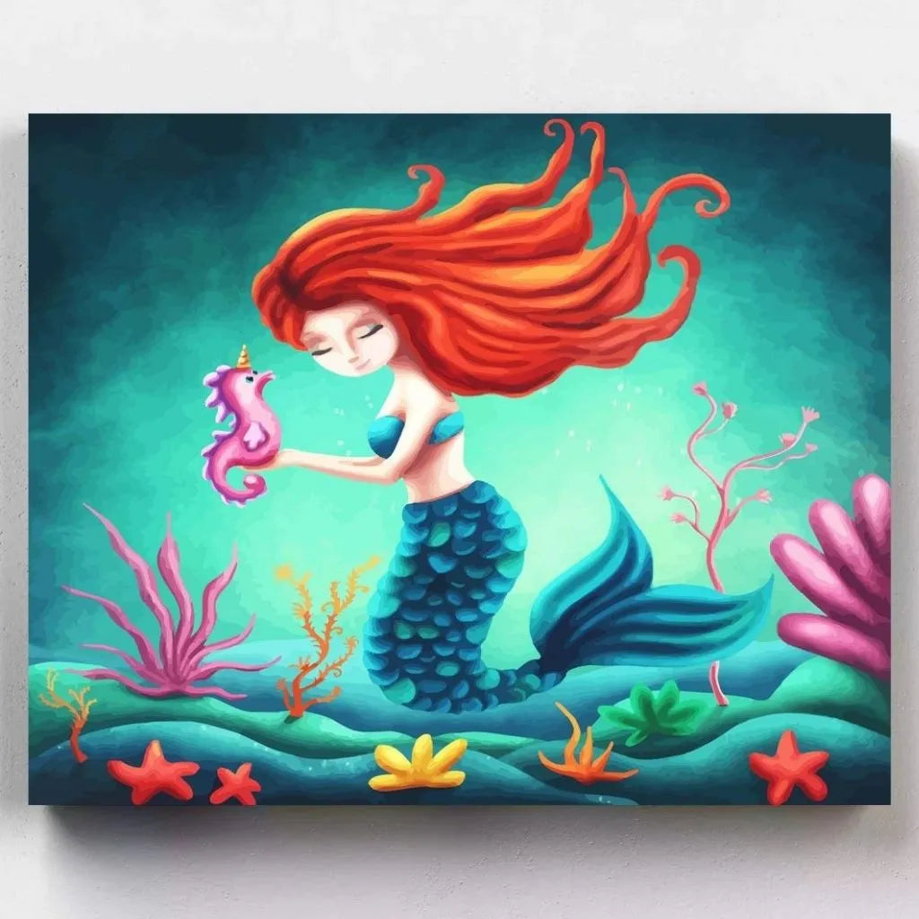 DIY Malen nach Zahlen – Fröhliche Meerjungfrau mit Seepferdchen auf Leinwand malen – für Kinder & Meeresliebhaber:innen – nur bei Artyroom.shop