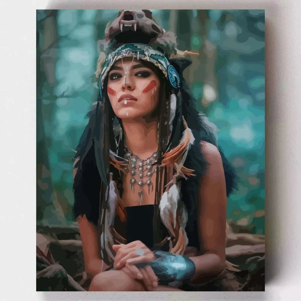 DIY Malen nach Zahlen – Spirituelles Porträt einer modernen Indianerin mit Kopfschmuck auf Leinwand malen – Ausdruck, Achtsamkeit & Kultur – nur bei Artyroom.shop
