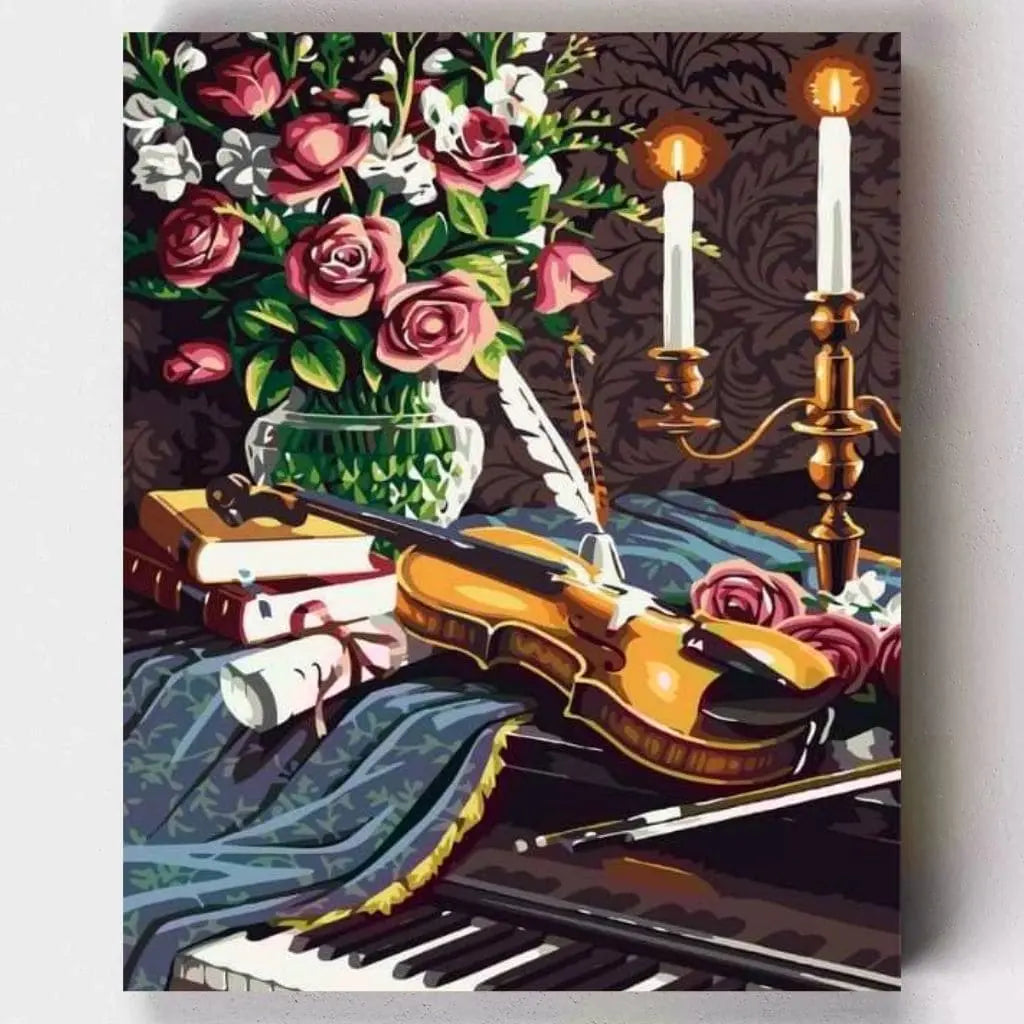 DIY Malen nach Zahlen – Musikszene mit Geige, Klavier, Kerzen & Blumen in romantischer Atmosphäre auf Leinwand malen – für kreative Entspannung & Musikfreunde – nur bei Artyroom.shop