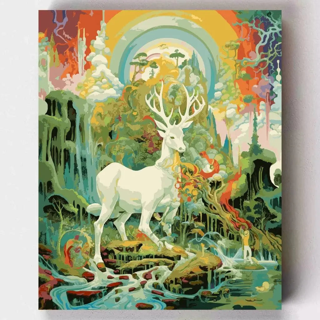 DIY Malen nach Zahlen – Mystischer weißer Hirsch in einer bunten Fantasielandschaft auf Leinwand malen – spirituelles Naturmotiv für deine kreative Auszeit – nur bei Artyroom.shop