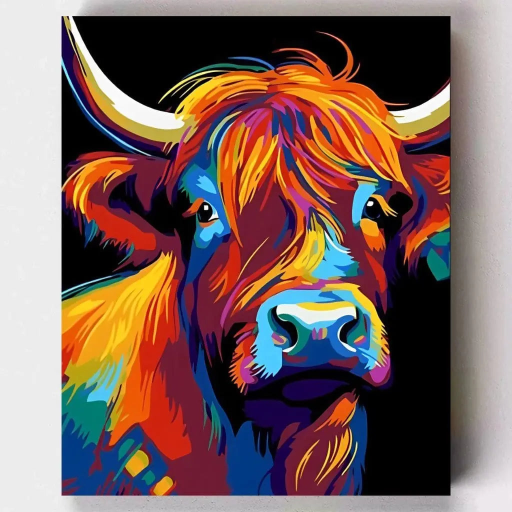 DIY Malen nach Zahlen – Bunter Stier in Farbenpracht mit leuchtenden Pop-Art-Farben vor schwarzem Hintergrund – erhältlich bei Artyroom.shop