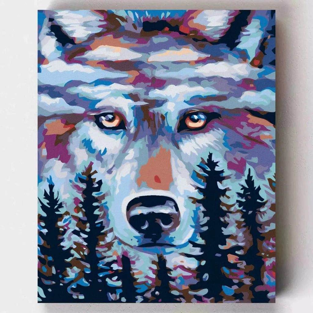 DIY Malen nach Zahlen – mystischer Wolfskopf am Himmel über dunklem Wald – Motiv 'Wolfsblut' auf Leinwand malen – Artyroom