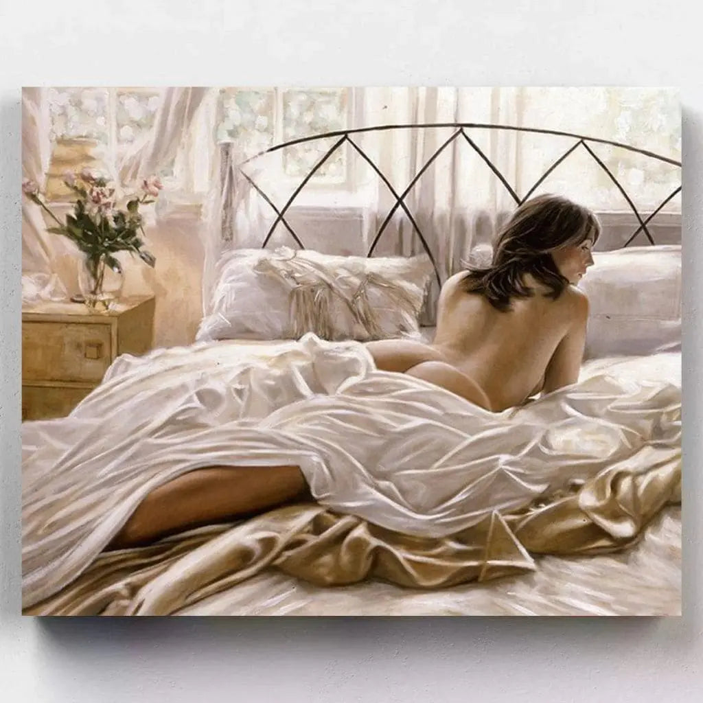 DIY Malen nach Zahlen – Sinnliches Frauenmotiv im Morgenlicht auf Leinwand malen – für kreative Achtsamkeit & elegante Raumgestaltung – Artyroom.shop