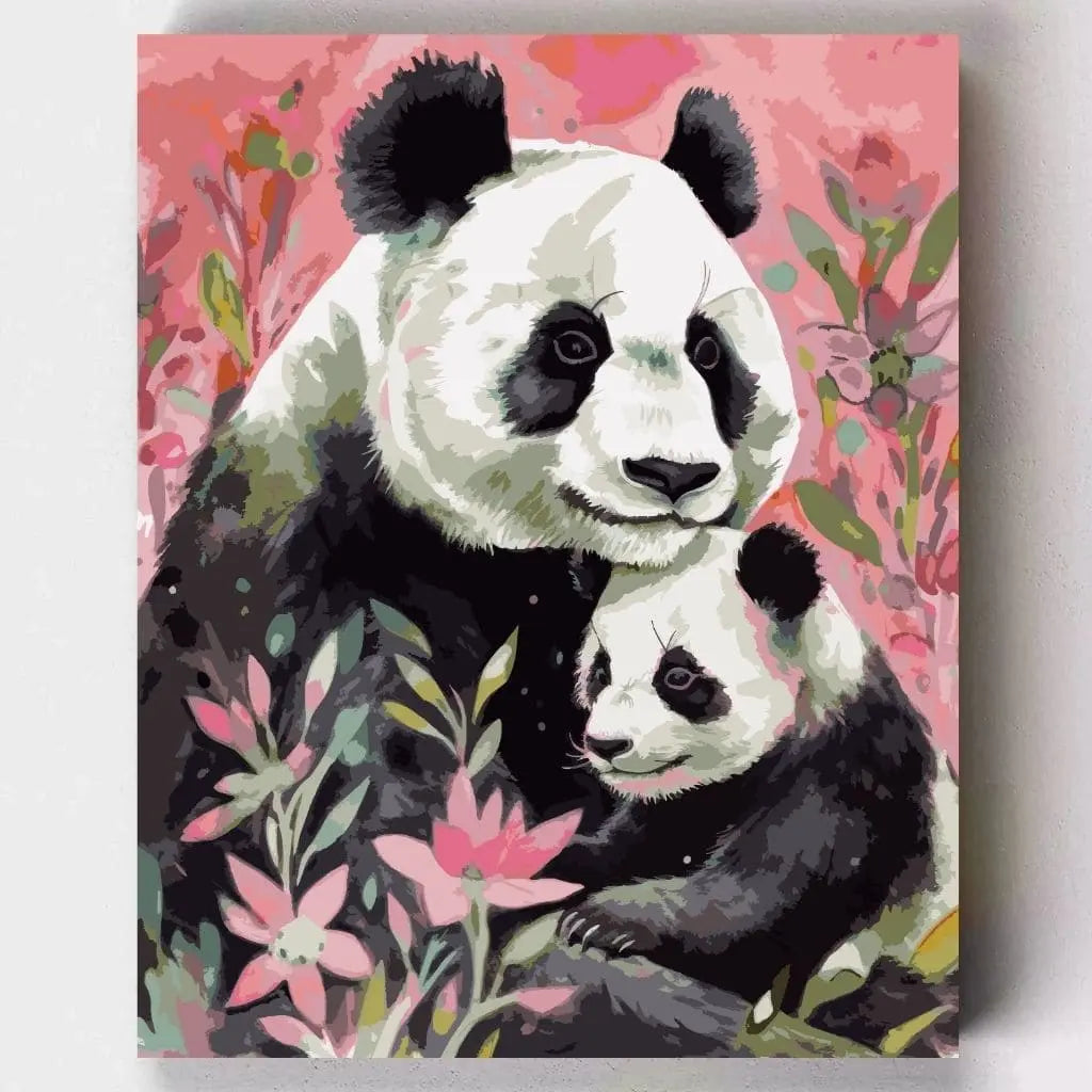 DIY Malen nach Zahlen – Liebevolle Panda-Mutter mit Jungtier in blühender pinker Natur auf Leinwand malen – emotionales Geschenk & Deko – exklusiv bei Artyroom.shop