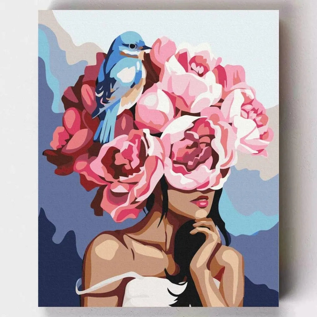 DIY Malen nach Zahlen – Zartes Blumenmädchen mit Pfingstrosen & Vogel auf Leinwand malen – florale Eleganz & kreative Ruhe – nur bei Artyroom.shop