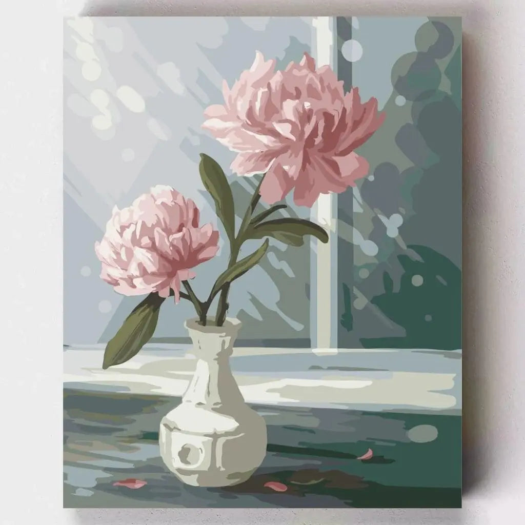 DIY Malen nach Zahlen – Zarte Pinke Pfingstrosen in Vase vor Fenster malen – elegantes Blumenmotiv für kreative Entspannung – exklusiv bei Artyroom.shop