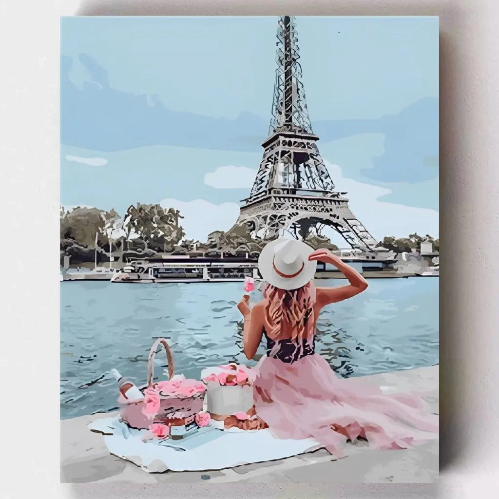 DIY Malen nach Zahlen – Romantisches Picknick vor dem Eiffelturm auf Leinwand malen – Pariser Flair & kreative Achtsamkeit – Artyroom.shop