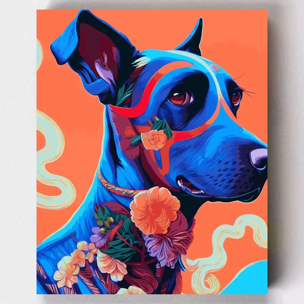 Malen nach Zahlen – bunter Pop Art Hund mit Blumen und orangem Hintergrund – modernes DIY-Kunstwerk – Artyroom.shop