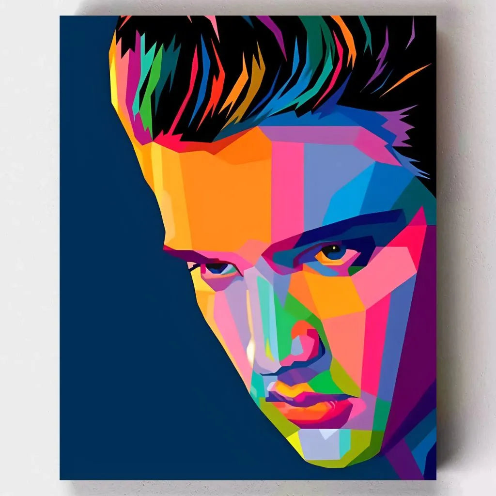 DIY Malen nach Zahlen – Buntes Elvis-Porträt im Pop-Art-Stil auf Leinwand malen – ikonische Deko für Musikfans – Artyroom.shop