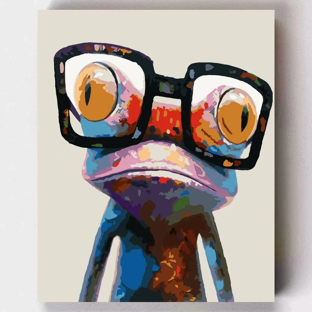DIY Malen nach Zahlen – Bunter Pop-Art-Frosch mit Brille auf Leinwand malen – schrill, farbenfroh & voller Charakter – nur bei Artyroom.shop