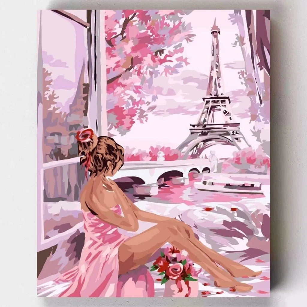 DIY Malen nach Zahlen – Frau in Pink mit Blick auf Eiffelturm in rosa Traumkulisse auf Leinwand malen – romantisches Paris-Feeling für dein Zuhause – nur bei Artyroom.shop