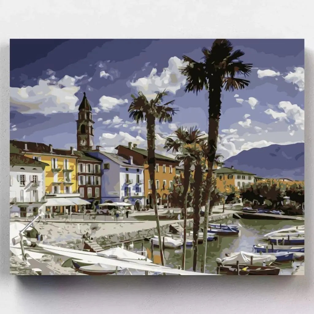 DIY Malen nach Zahlen – Ascona (CH) mit Hafen & Palmen auf Leinwand malen – mediterrane Ferienstimmung aus dem Tessin – nur bei Artyroom.shop