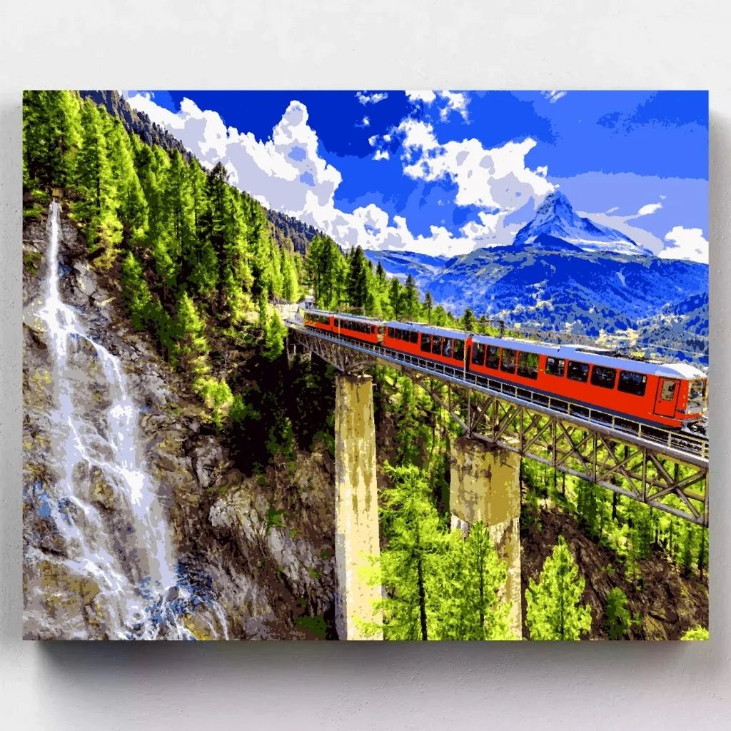 DIY Malen nach Zahlen – Roter Gornergrat-Zug vor Matterhorn & Wasserfall auf Leinwand malen – perfekte Schweiz-Stimmung – nur bei Artyroom.shop