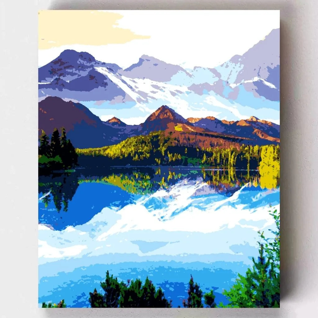 DIY Malen nach Zahlen – Kanadischer Bergsee Lago de las Dos Montañas mit Spiegelung auf Leinwand malen – Naturidylle & kreative Achtsamkeit – nur bei Artyroom.shop