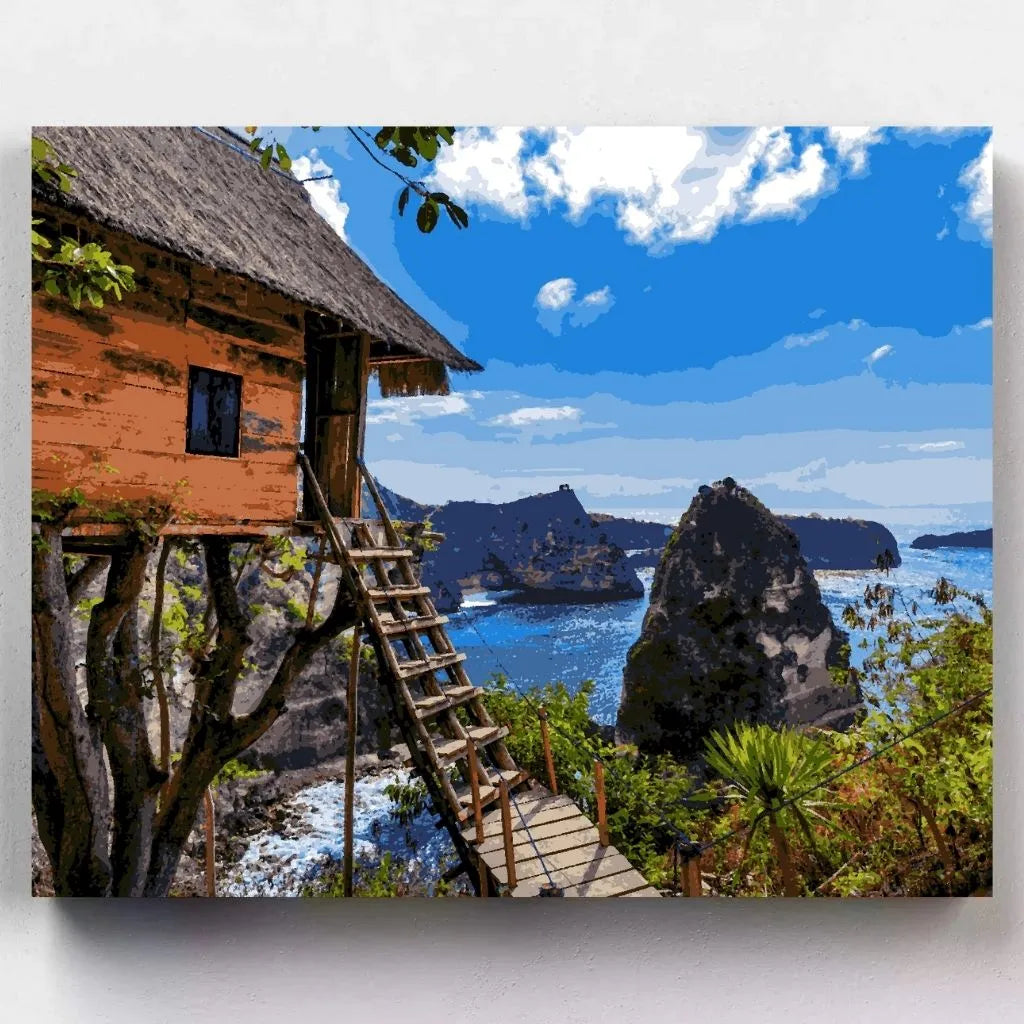 IY Malen nach Zahlen – Tropisches Baumhaus mit Meerblick Diamond Beach auf Bali malen – für Reiselust & kreative Achtsamkeit – nur bei Artyroom.shop