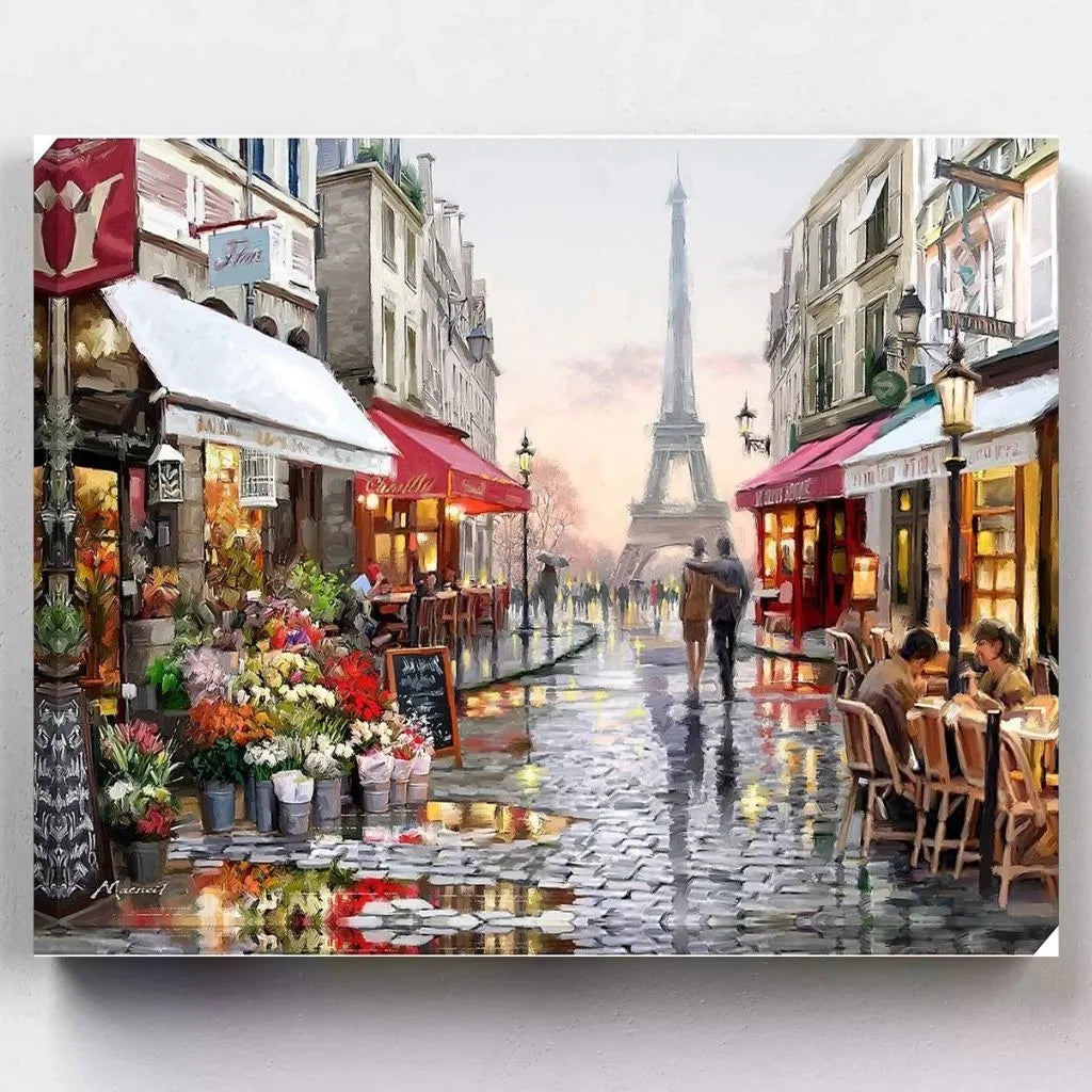 DIY Malen nach Zahlen – Verregnete Pariser Straße mit Blick auf den Eiffelturm auf Leinwand malen – für Frankreich-Fans & romantische Auszeiten – nur bei Artyroom.shop