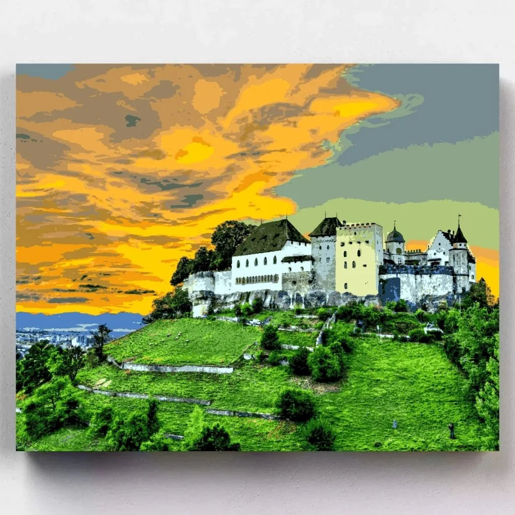 DIY Malen nach Zahlen – Schloss Lenzburg vor dramatischem Sonnenuntergang auf Leinwand malen – historische Atmosphäre & kreative Entspannung – nur bei Artyroom.shop
