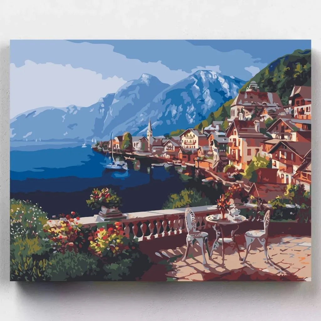 DIY Malen nach Zahlen – Idyllisches Schweizer Dorf mit Seeblick & Alpenkulisse auf Leinwand malen – für Reiselust & kreative Auszeit – nur bei Artyroom.shop