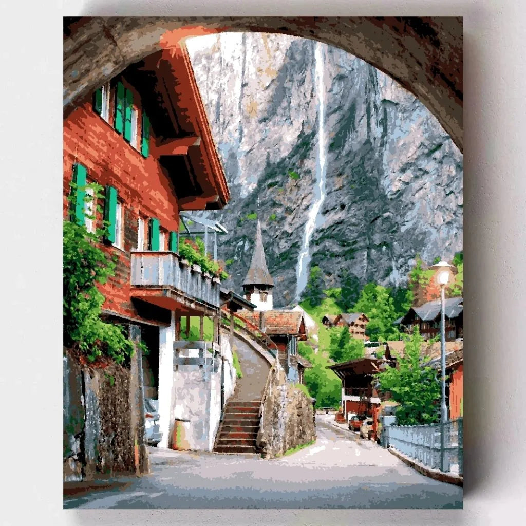 DIY Malen nach Zahlen Set – Spaziergang durch Lauterbrunnen mit Chalets & Wasserfall malen – Schweizer Bergidylle als Kunstwerk – exklusiv bei Artyroom.shop