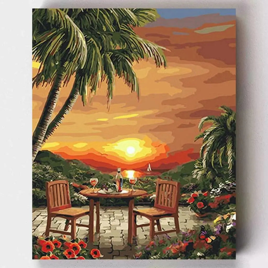DIY Malen nach Zahlen – Romantisches Sunset Dinner mit Wein & Palmen auf Leinwand malen – entspannendes Urlaubsmotiv für dein Zuhause – nur bei Artyroom.shop
