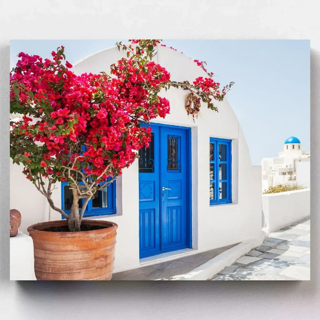 DIY Malen nach Zahlen – Weißes Haus mit Bougainvillea in Santorini auf Leinwand malen – mediterrane Auszeit für Zuhause – Artyroom.shop