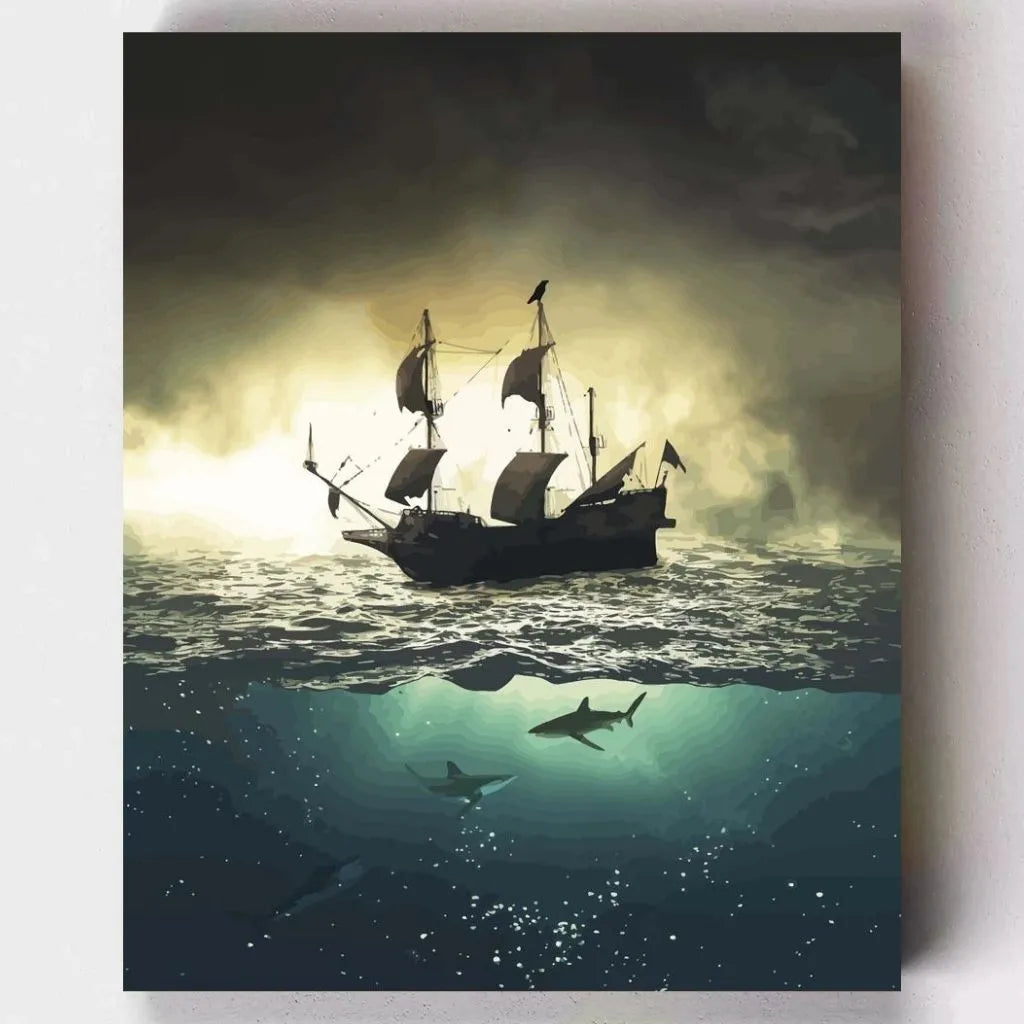 DIY Malen nach Zahlen – Dramatisches Segelschiff mit Haien auf Leinwand malen – Abenteuer & Meerstimmung pur – Artyroom.shop