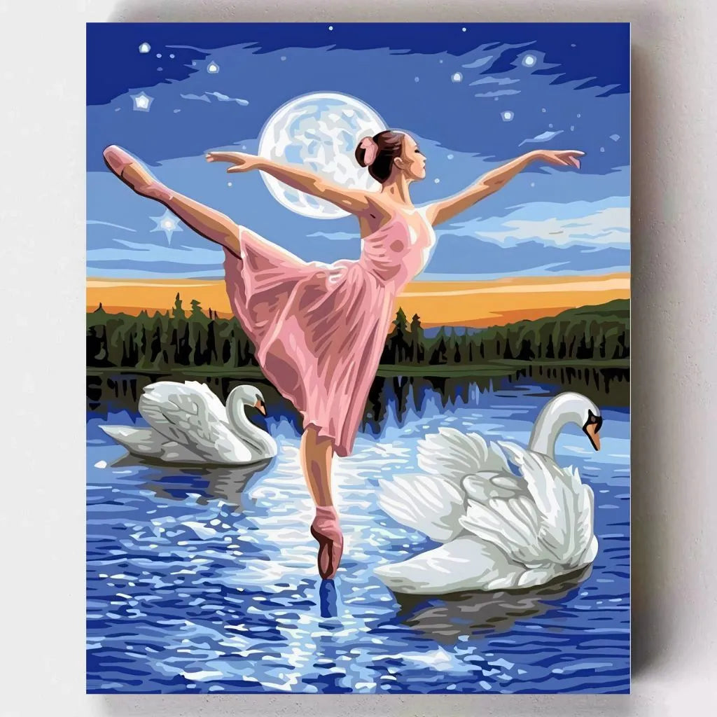 DIY Malen nach Zahlen – Ballerina tanzt im Mondlicht am See mit Schwänen auf Leinwand malen – für kreative Entspannung & romantische Dekoration – Artyroom.shop
